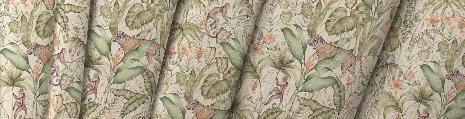 Jungle and tropical fabric with bold botanical and leaf prints