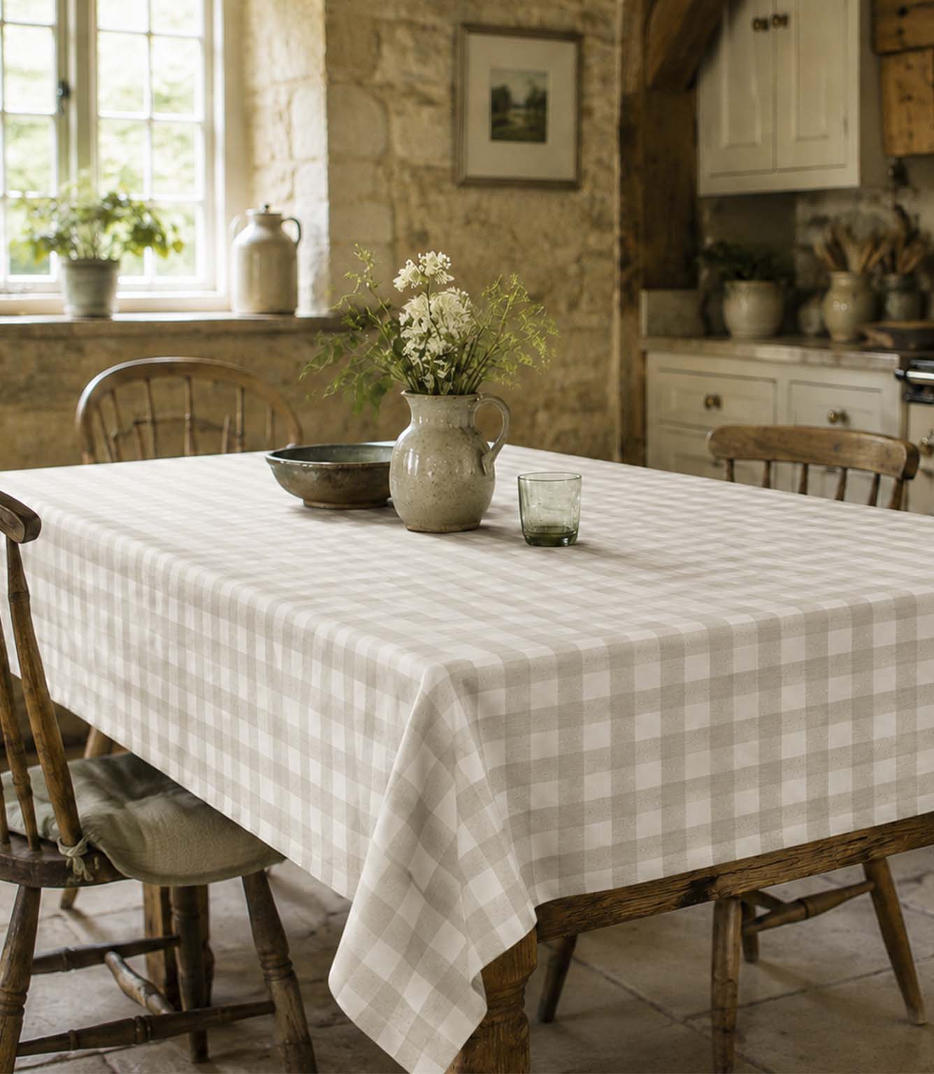 Gingham Matt PVC Fabric / Stone