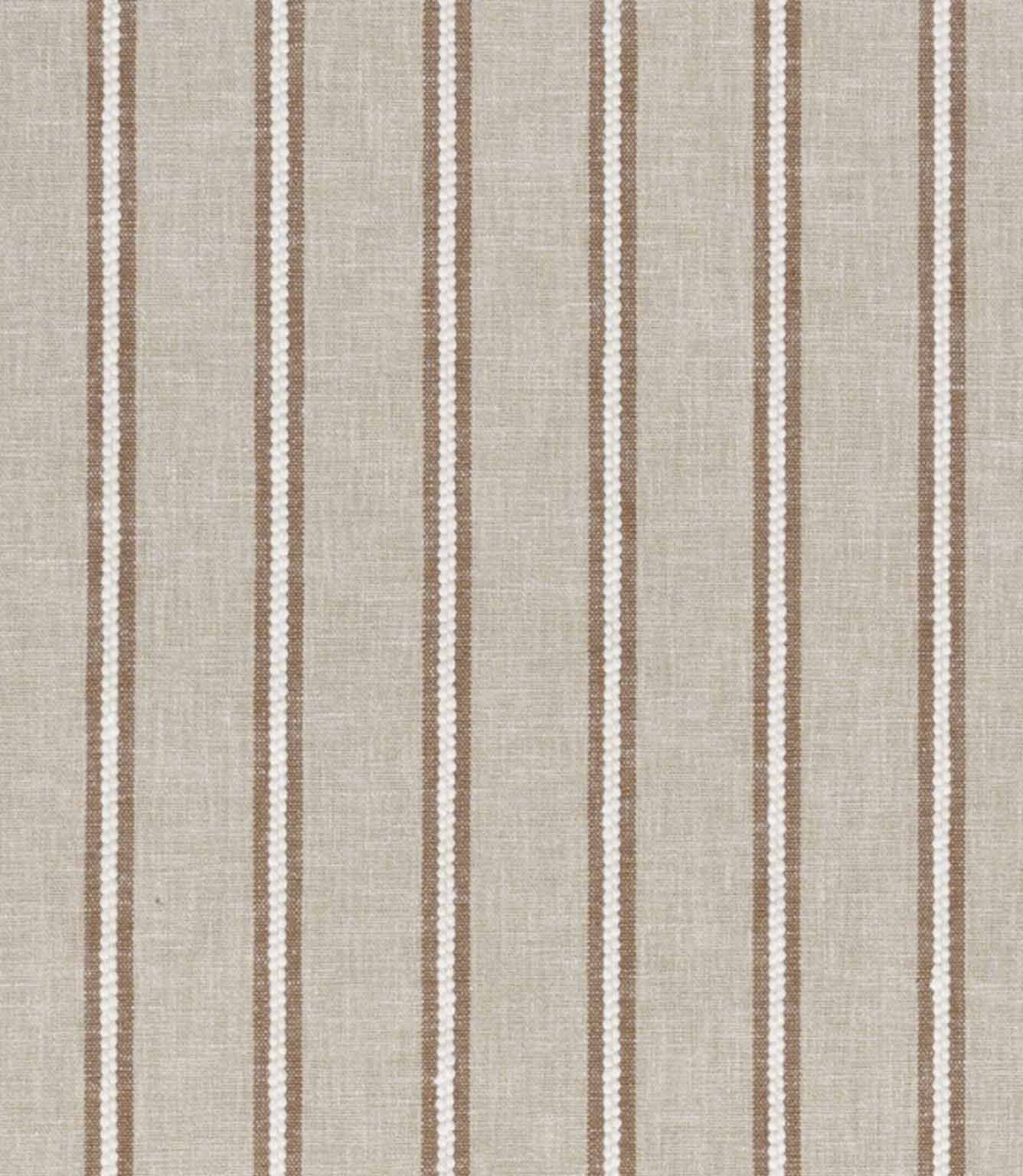 Natural linen-look fabric with evenly spaced vertical stripes in warm brown and soft white on a neutral background.