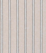 Textured fabric featuring fine vertical stripes in grey and white on a light beige ground.