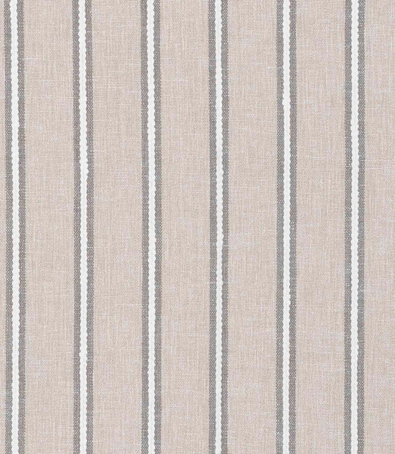 Textured fabric featuring fine vertical stripes in grey and white on a light beige ground.