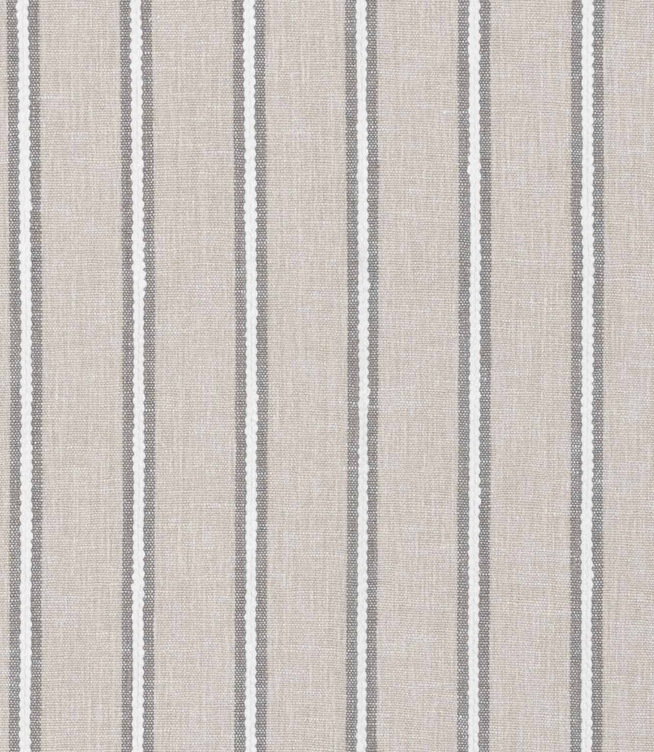 Textured fabric featuring fine vertical stripes in grey and white on a light beige ground.