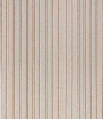 Woven stripe fabric with a soft beige linen-look ground and evenly spaced vertical stripes in warm brown and cream, featuring a subtle textured finish and classic ticking style.