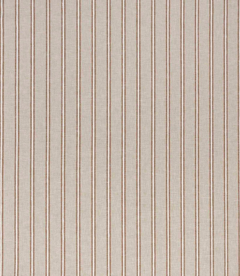 Woven stripe fabric with a soft beige linen-look ground and evenly spaced vertical stripes in warm brown and cream, featuring a subtle textured finish and classic ticking style.