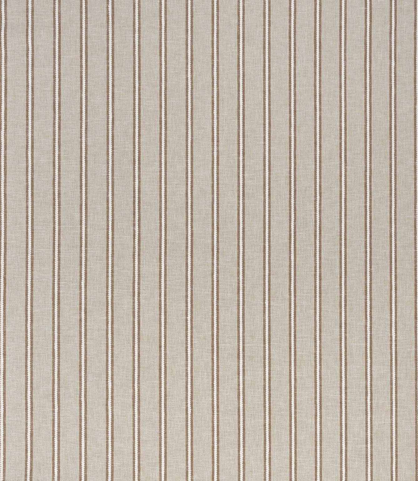 Woven stripe fabric with a soft beige linen-look ground and evenly spaced vertical stripes in warm brown and cream, featuring a subtle textured finish and classic ticking style.