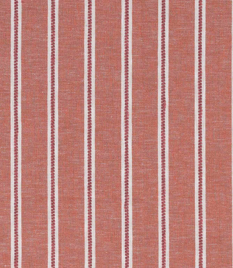 Warm red fabric with narrow vertical white stripes and a subtle woven texture.