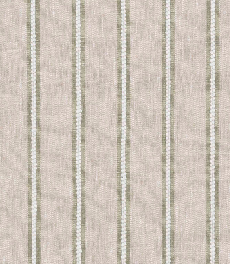 Soft neutral fabric with vertical stripes in muted green and white on a natural linen-effect base.