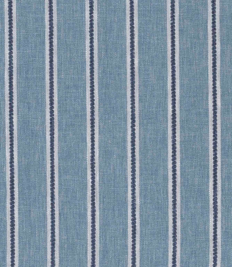 Light blue fabric with alternating narrow white and darker blue vertical stripes, softly textured.