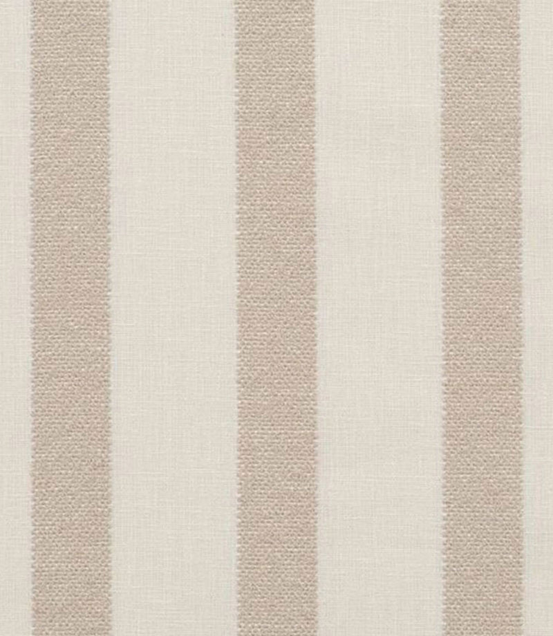 Soft neutral striped fabric with wide vertical bands in warm beige on an off-white background, featuring a subtle woven texture.