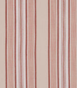 Decorative fabric with varied vertical stripes in red, cream and soft neutrals, combining different stripe widths.