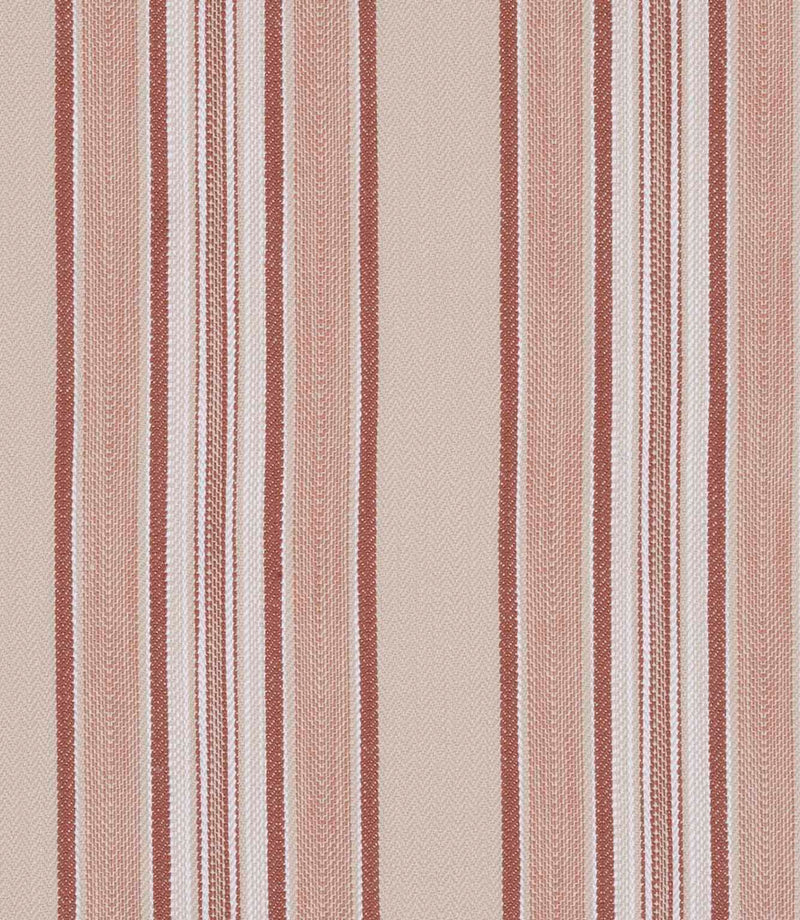 Decorative fabric with varied vertical stripes in red, cream and soft neutrals, combining different stripe widths.