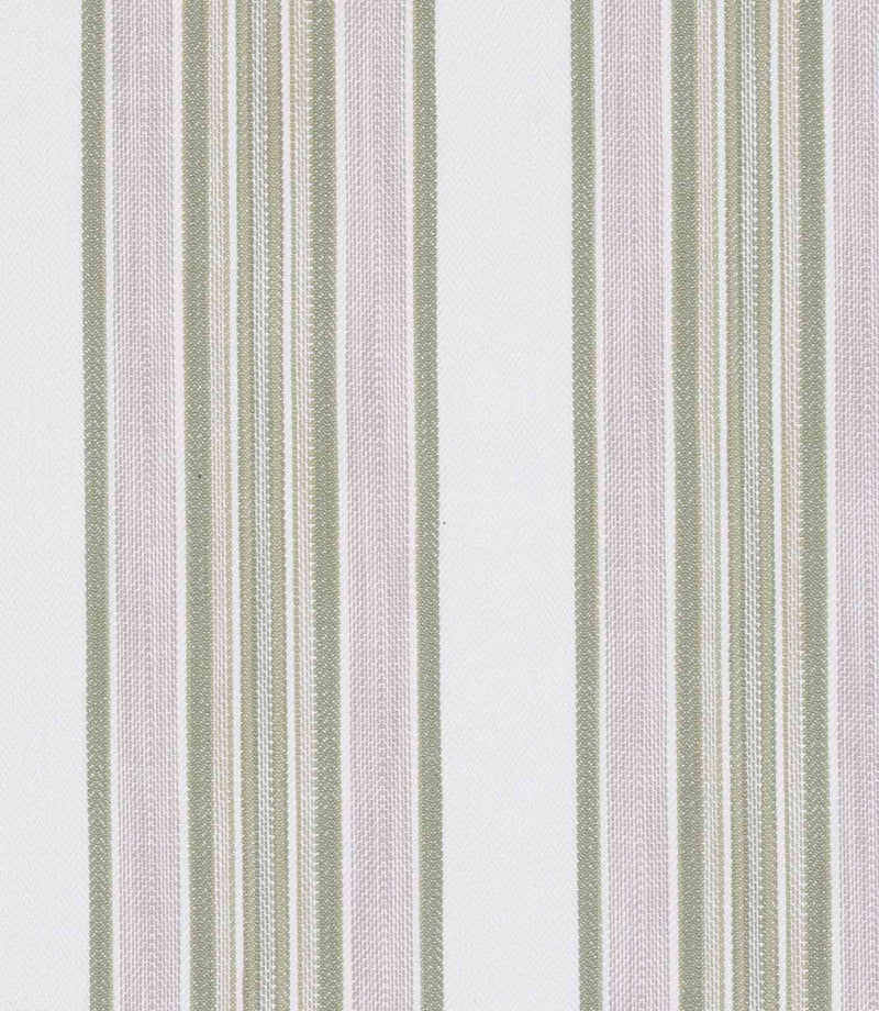 Striped fabric featuring a mix of green, cream and neutral vertical lines in varying widths.