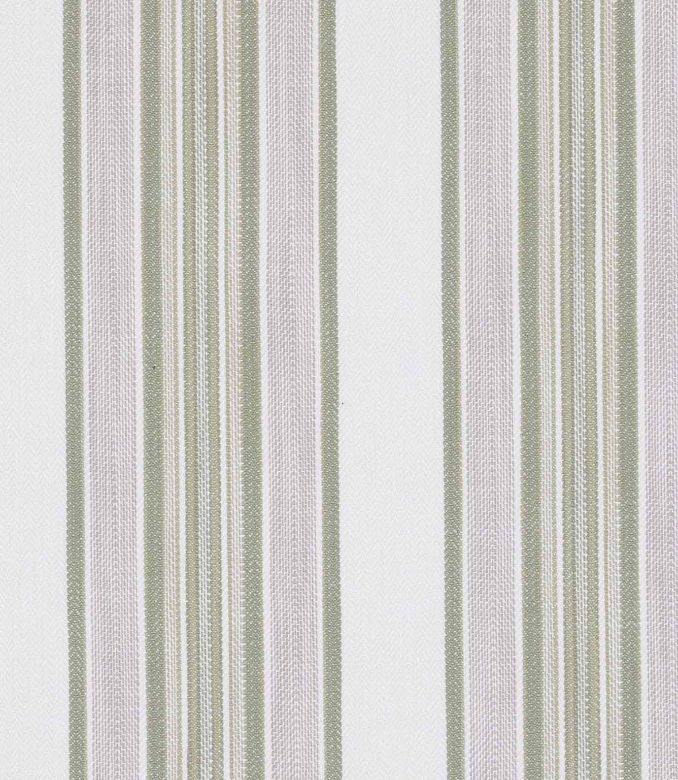 Striped fabric featuring a mix of green, cream and neutral vertical lines in varying widths.