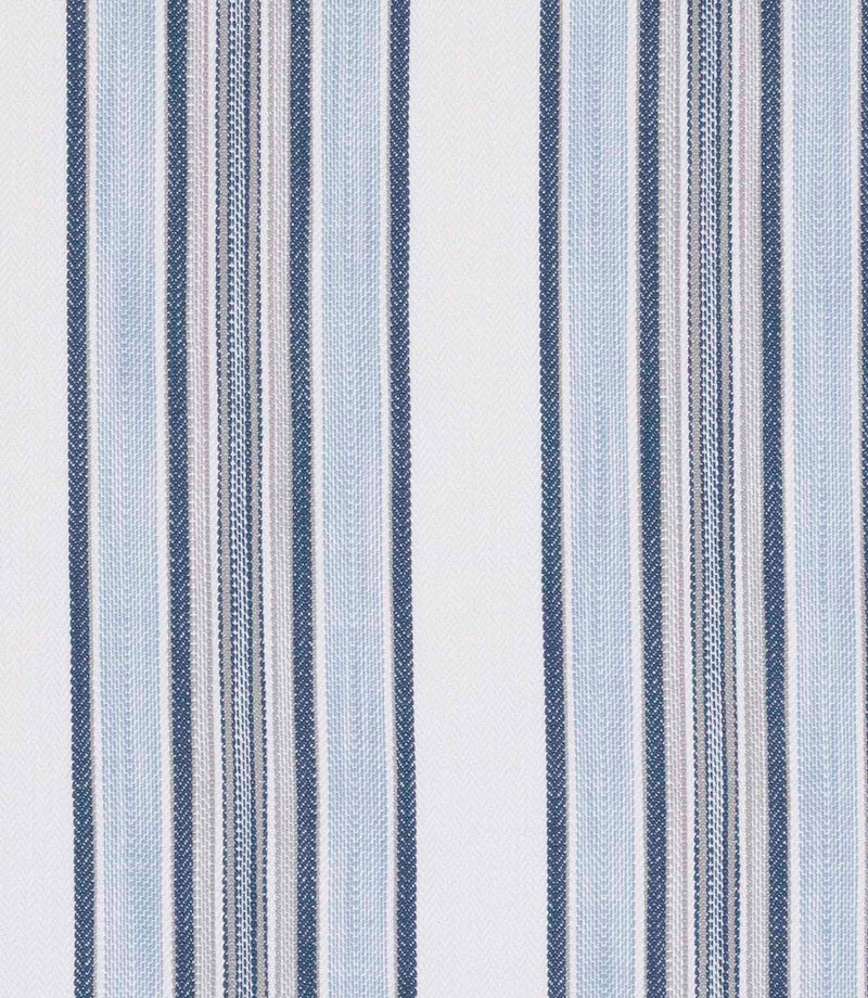 Fabric with a combination of blue, white and neutral vertical stripes in varied patterns and textures.