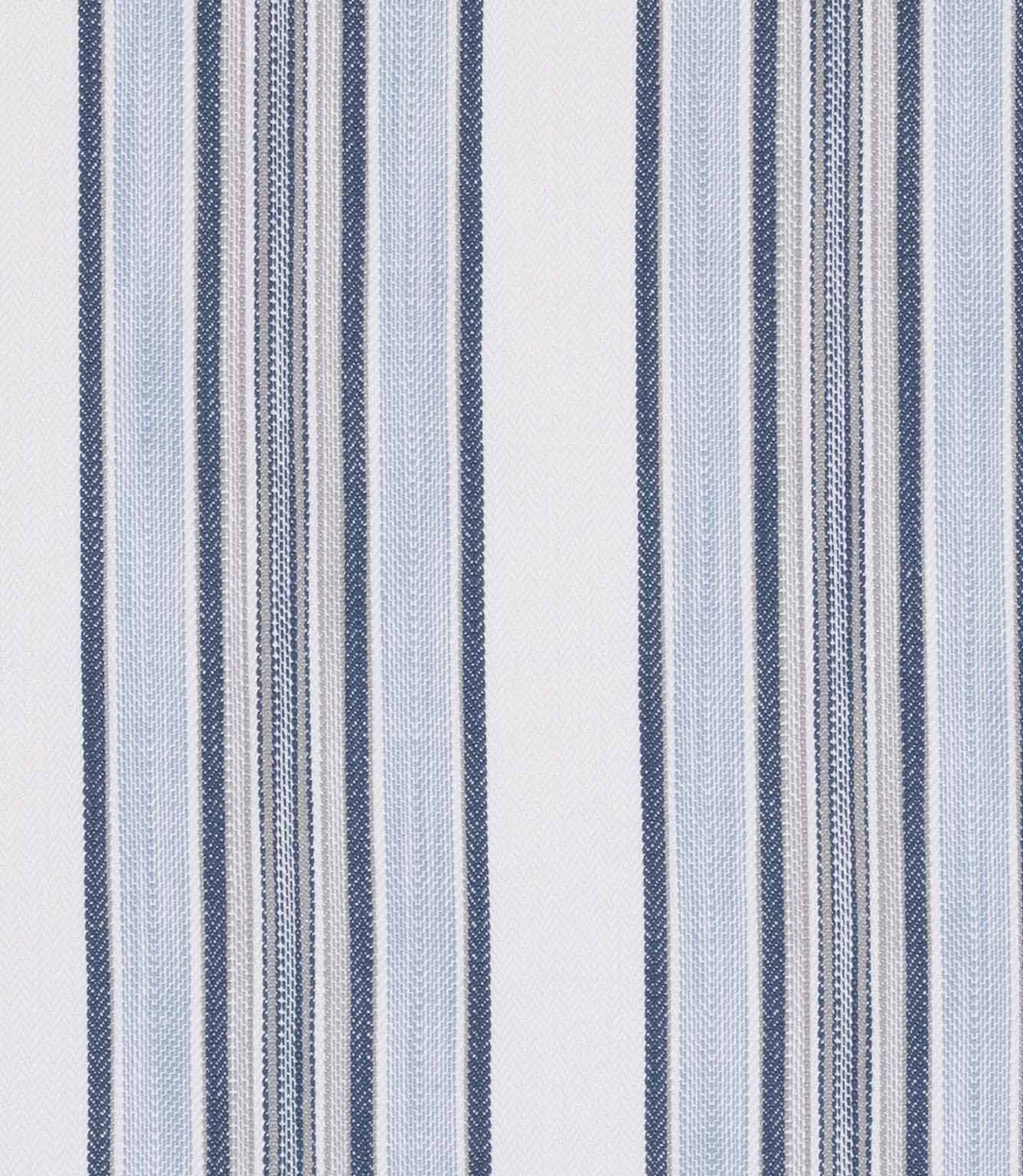 Fabric with a combination of blue, white and neutral vertical stripes in varied patterns and textures.