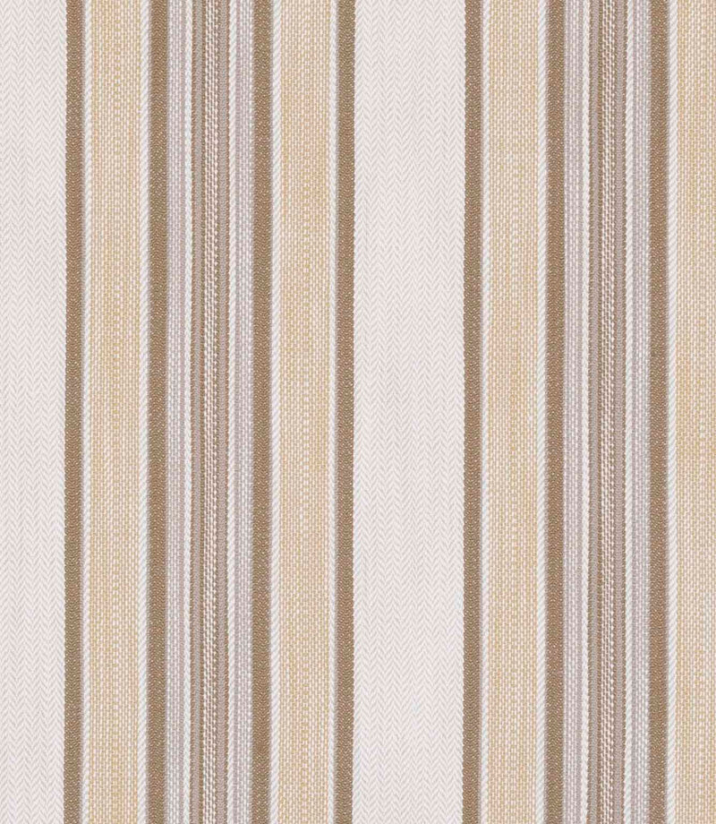 Neutral striped fabric blending beige, cream and soft brown tones in a mix of fine and wide vertical stripes.