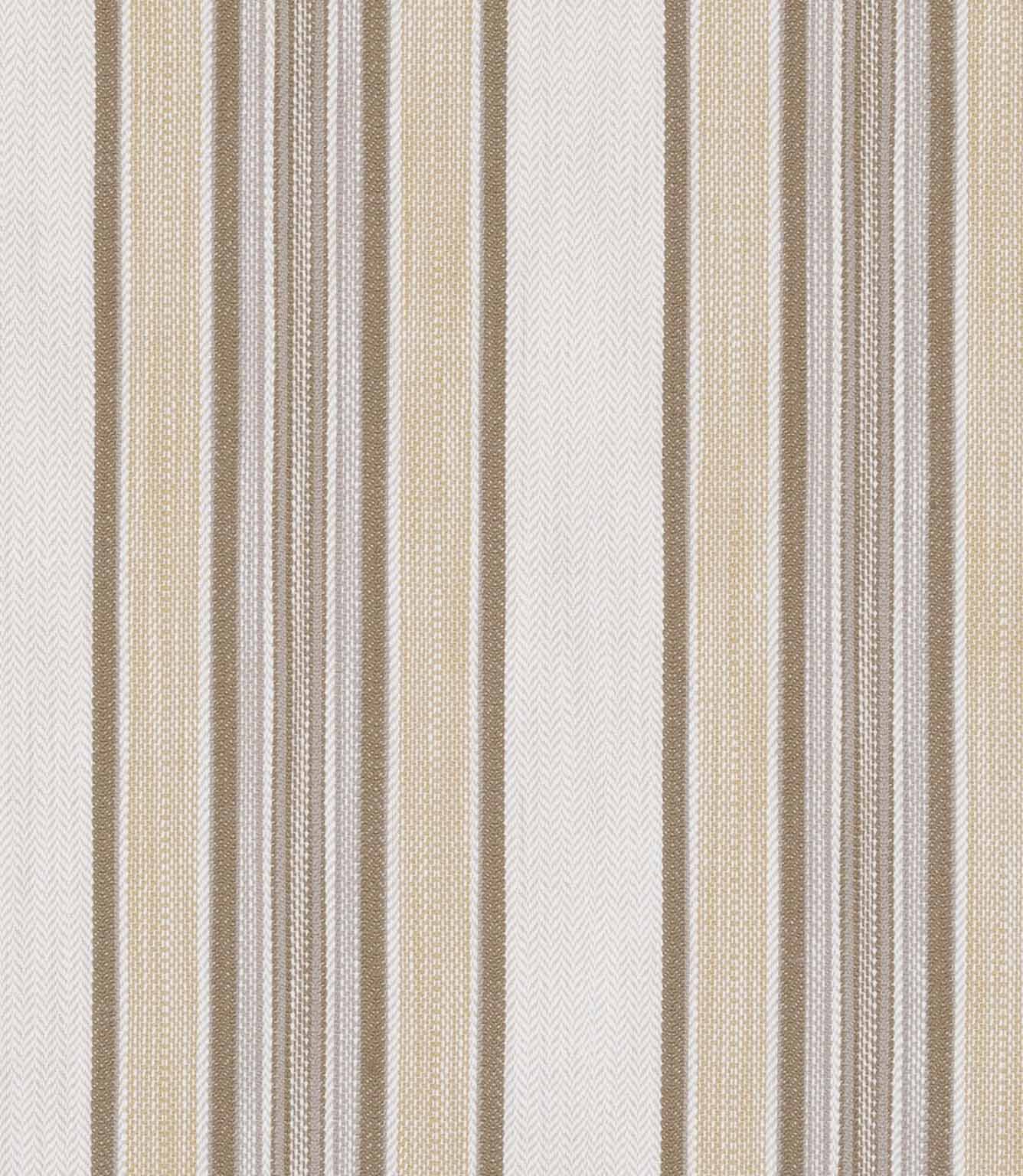 Neutral striped fabric blending beige, cream and soft brown tones in a mix of fine and wide vertical stripes.