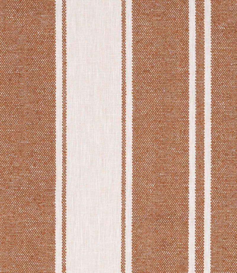 Warm terracotta and off-white striped fabric with wide woven bands and a textured finish.