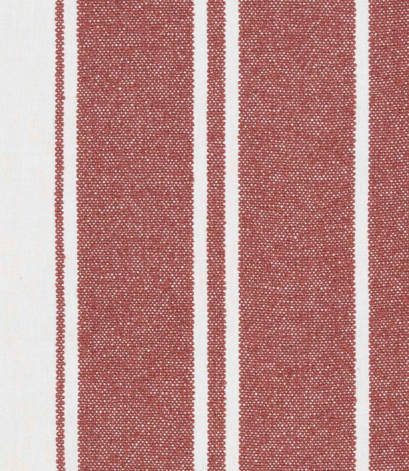 Muted red and off-white striped fabric with bold vertical bands and a slightly textured weave.