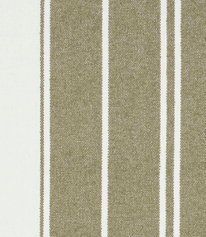 Olive green and white striped fabric with wide vertical stripes and a natural woven texture.