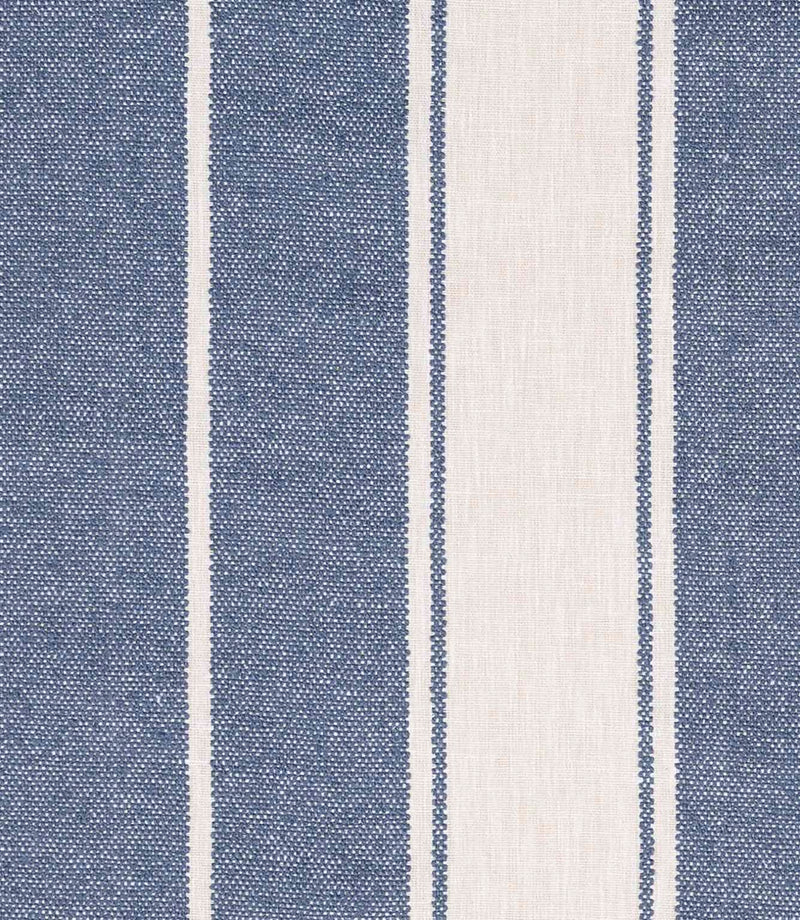 Blue and off-white striped fabric with bold vertical bands and a softly textured weave.