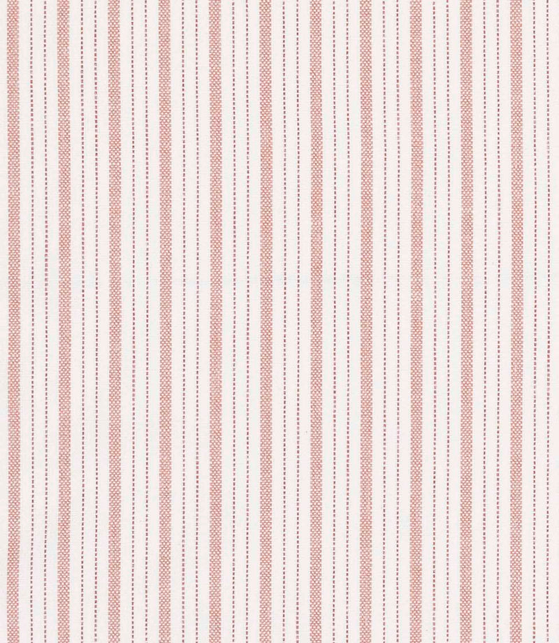 Fine red and neutral multi-stripe fabric with narrow vertical lines and a textured woven finish.