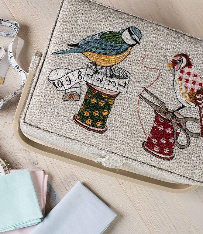 Birds on Bobbin - Embroidered Lid Sewing Box - Just Fabrics