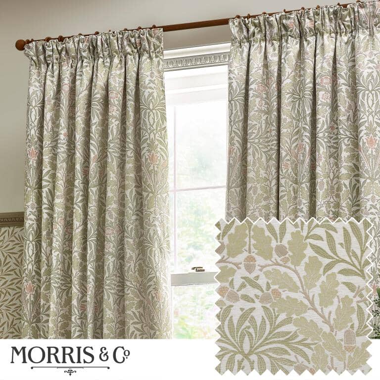 Acorn Stone / Sage Pencil Pleat Curtains - Just Fabrics