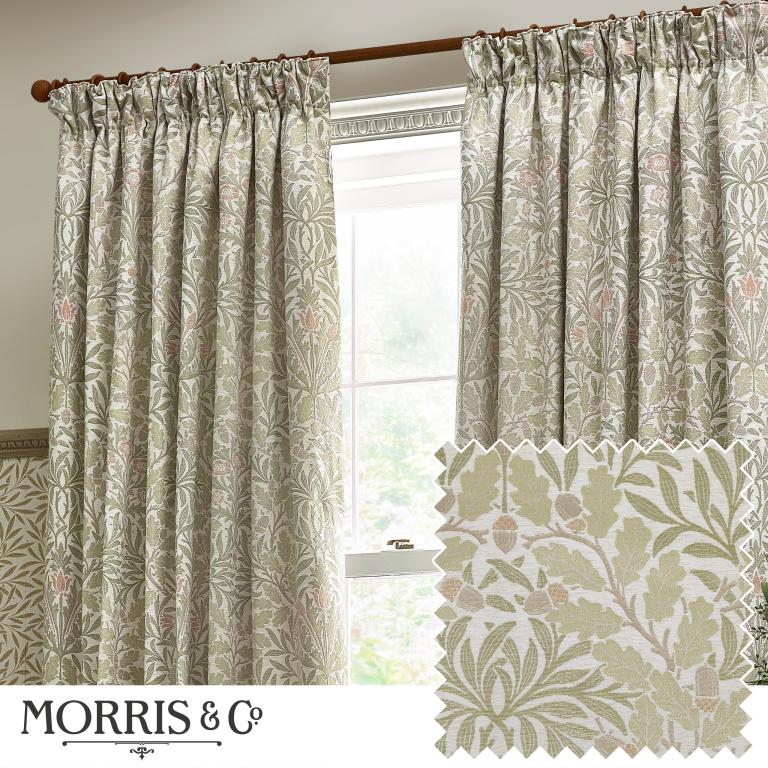 Acorn Stone / Sage Pencil Pleat Curtains - Just Fabrics