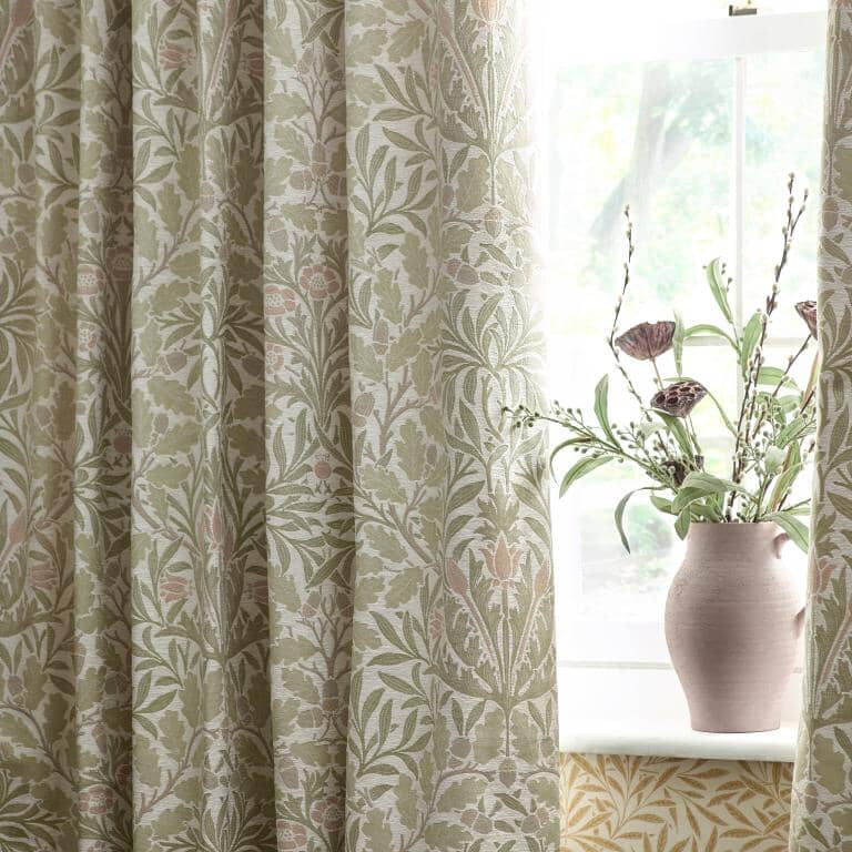 Acorn Stone / Sage Pencil Pleat Curtains - Just Fabrics