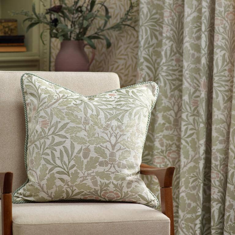 Acorn Stone / Sage Pencil Pleat Curtains - Just Fabrics