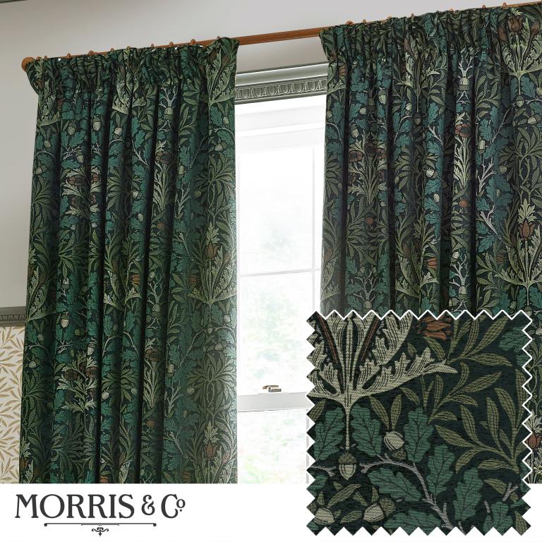 Acorn Thyme / Forest Pencil Pleat Curtains - Just Fabrics