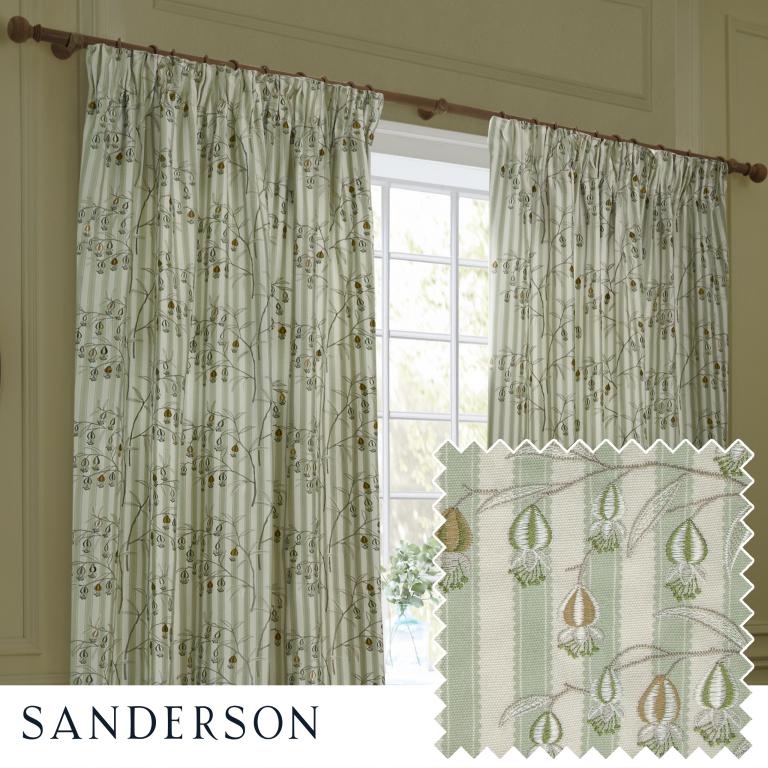 Chinese Lanterns Sage Pencil Pleat Curtains - Just Fabrics