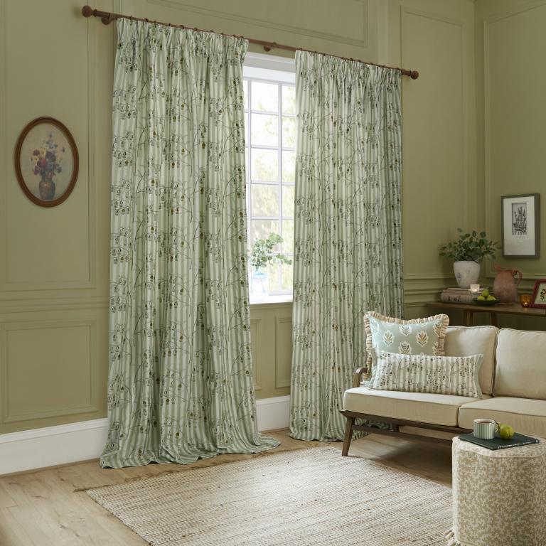 Chinese Lanterns Sage Pencil Pleat Curtains - Just Fabrics