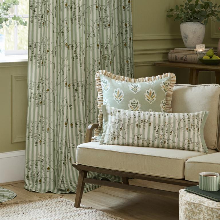 Chinese Lanterns Sage Pencil Pleat Curtains - Just Fabrics