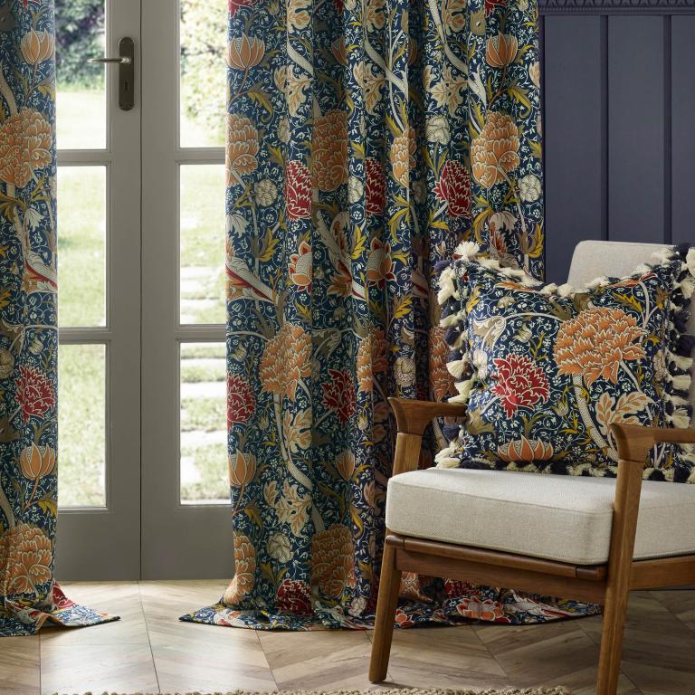 Cray Indigo / Berry Pencil Pleat Curtains - Just Fabrics