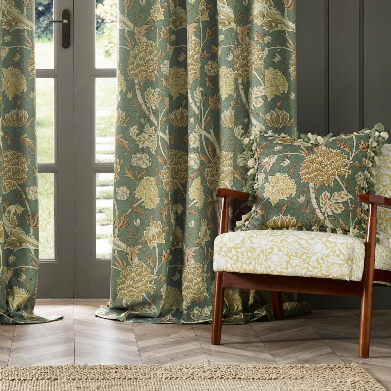 Cray Sage / Sunflower Pencil Pleat Curtains - Just Fabrics
