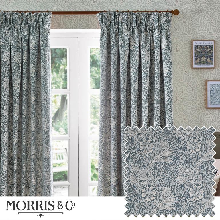 Marigold Indigo Pencil Pleat Curtains - Just Fabrics