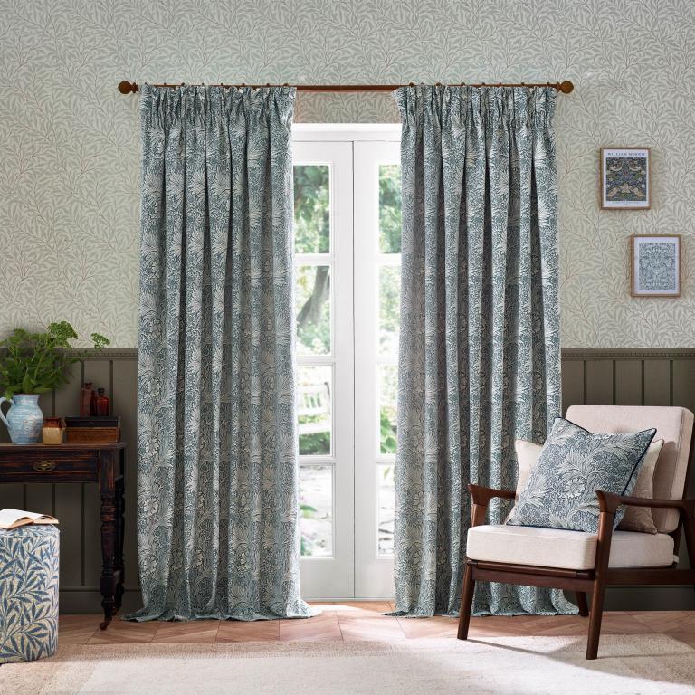 Marigold Indigo Pencil Pleat Curtains - Just Fabrics
