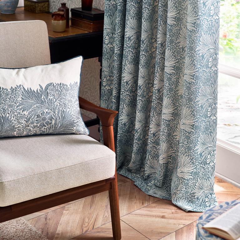 Marigold Indigo Pencil Pleat Curtains - Just Fabrics