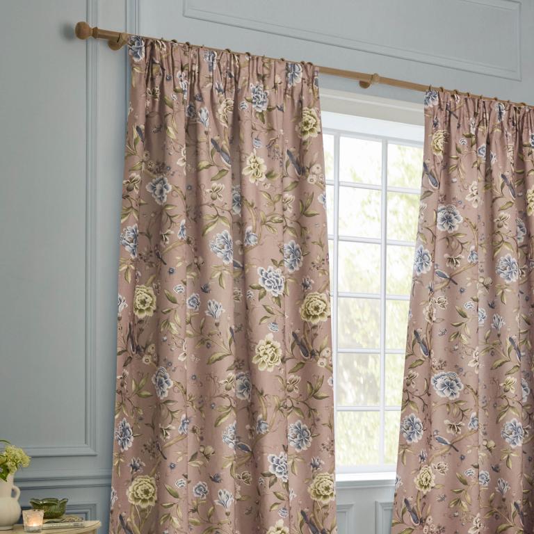 Porcelain Garden Blush Pencil Pleat Curtains - Just Fabrics