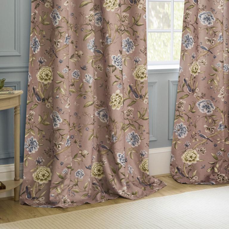 Porcelain Garden Blush Pencil Pleat Curtains - Just Fabrics