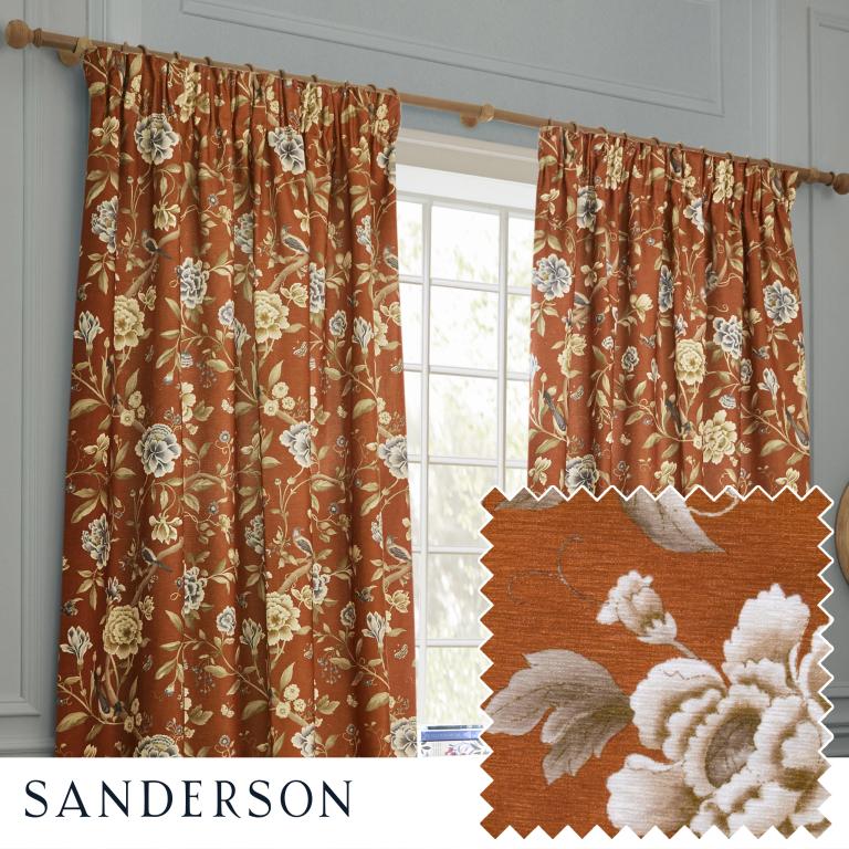 Porcelain Garden Rust Pencil Pleat Curtains - Just Fabrics
