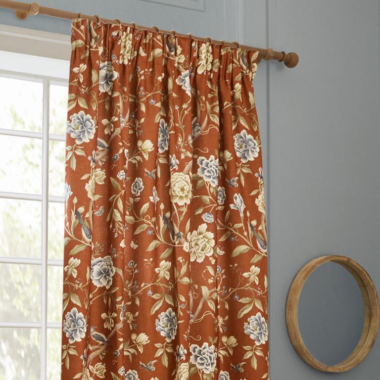 Porcelain Garden Rust Pencil Pleat Curtains - Just Fabrics