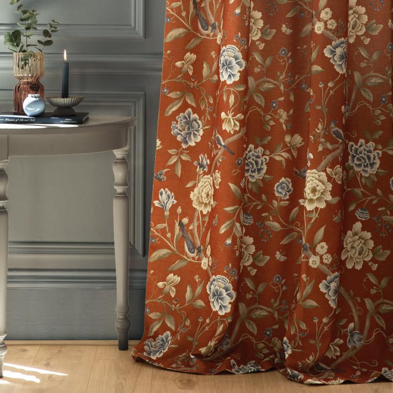 Porcelain Garden Rust Pencil Pleat Curtains - Just Fabrics