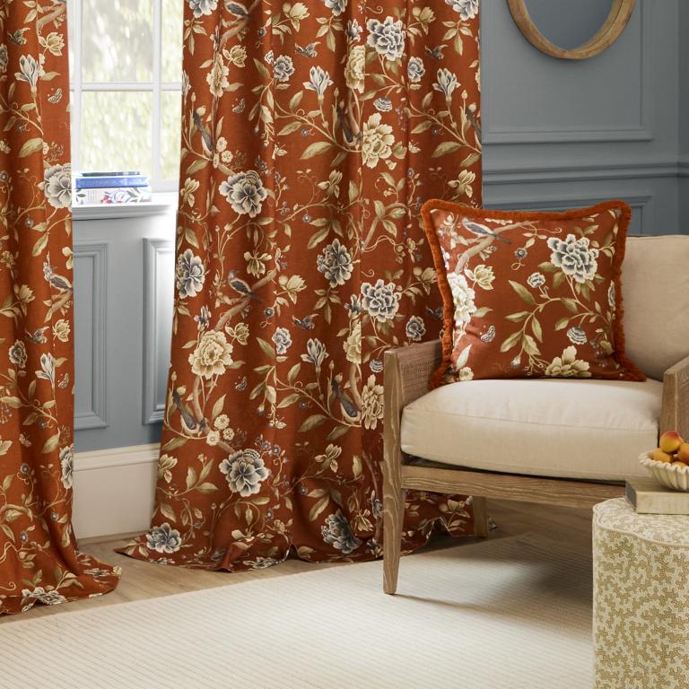Porcelain Garden Rust Pencil Pleat Curtains - Just Fabrics