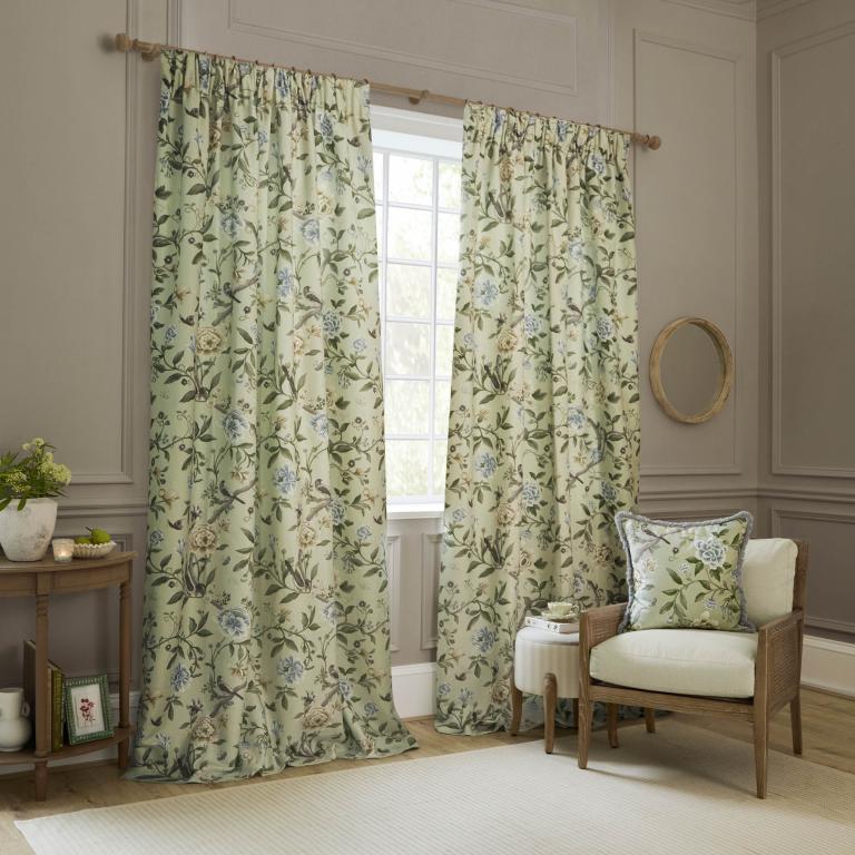 Porcelain Garden Sage Pencil Pleat Curtains - Just Fabrics