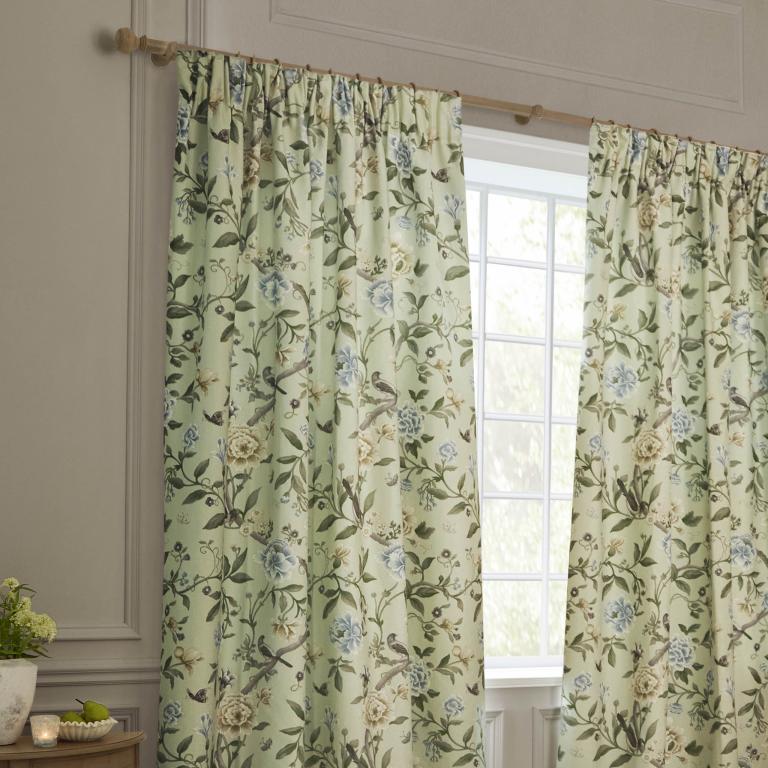 Porcelain Garden Sage Pencil Pleat Curtains - Just Fabrics