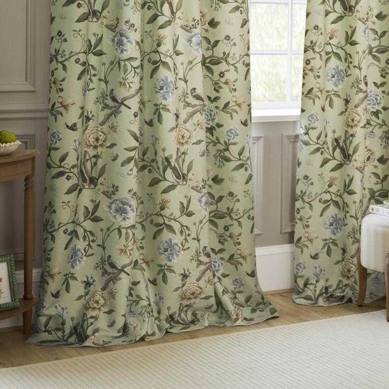 Porcelain Garden Sage Pencil Pleat Curtains - Just Fabrics