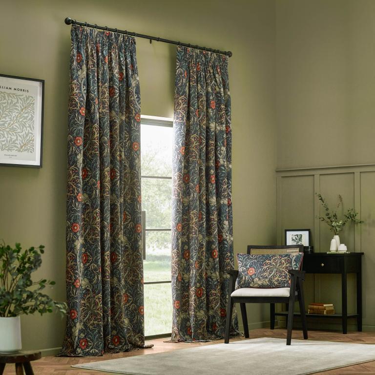 Seaweed Indigo Pencil Pleat Curtains - Just Fabrics